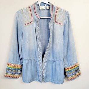 Chicos Chambray gypsy coin Fringe embroidered peplum jacket Medium